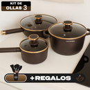 Conjunto Completo de 3 Ollas en Acero Inox Antideslizante con Mango de Madera +REGALO: Kit de Utensilios de Cocina