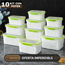 Kit con 10 Recipientes Herméticos con Escurridor Inteligente (Moderno e innovador para tu cocina)